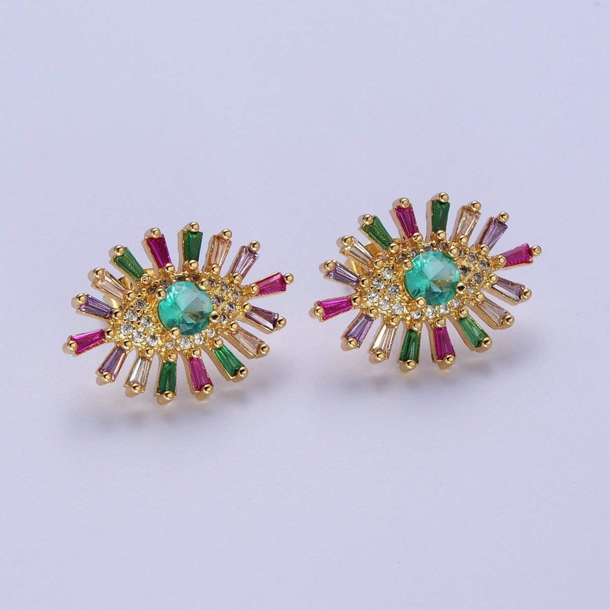 24K Gold plated Micro Paved Eye of Ra Multicolor Baguette Cubic Zirconia Protection Stud Earrings P-287 - DLUXCA
