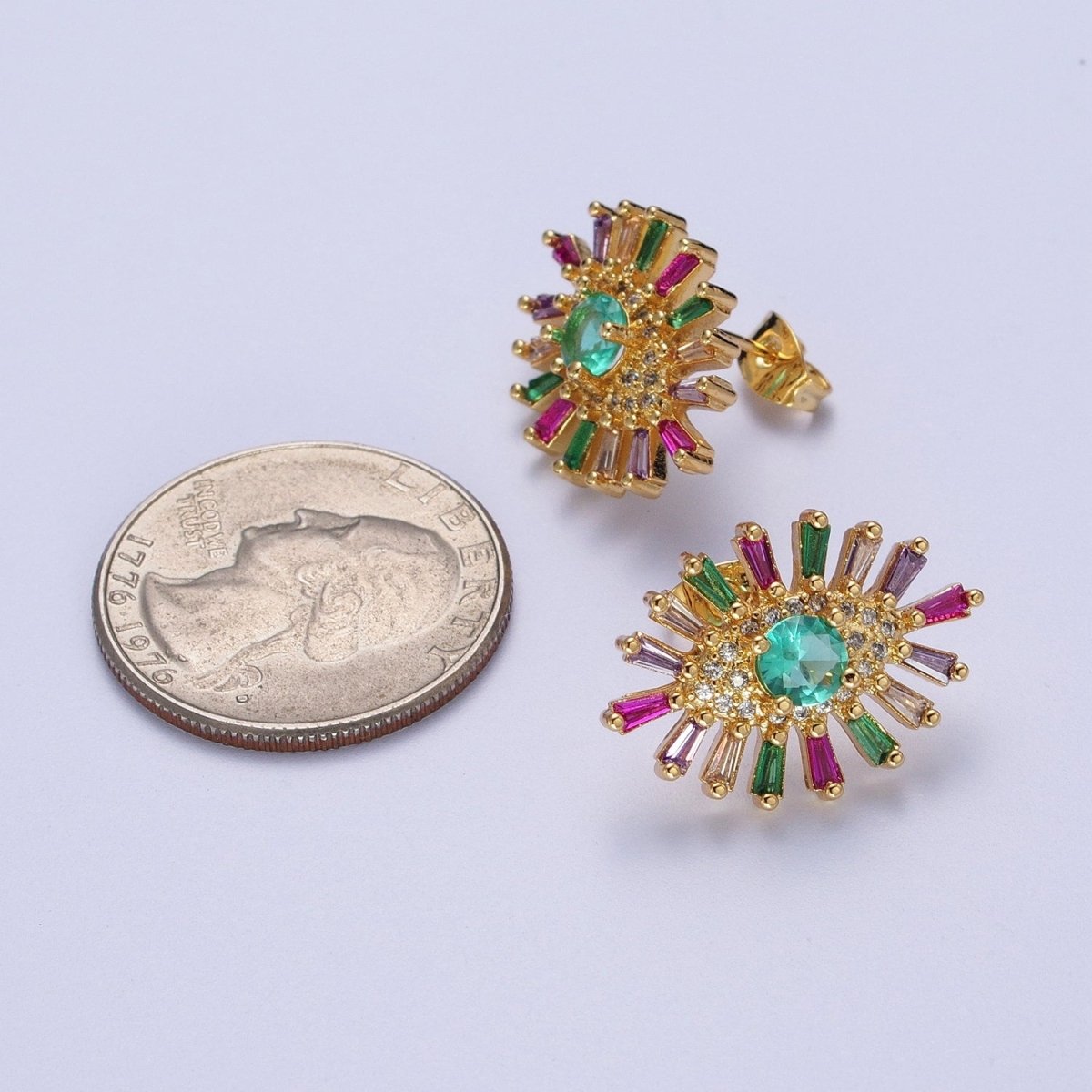 24K Gold plated Micro Paved Eye of Ra Multicolor Baguette Cubic Zirconia Protection Stud Earrings P-287 - DLUXCA