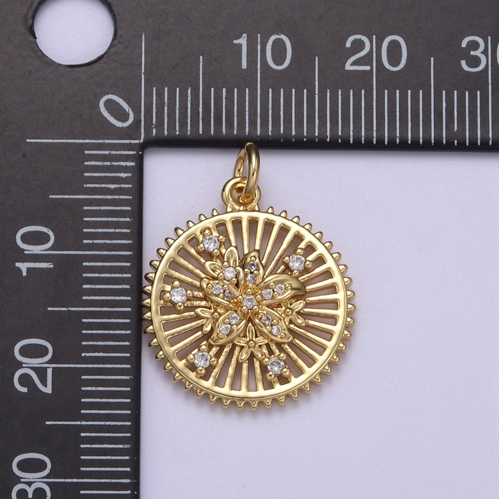24K Gold plated Micro Paved Flower Bars Spiked Round Medallion Charm | N383 - DLUXCA