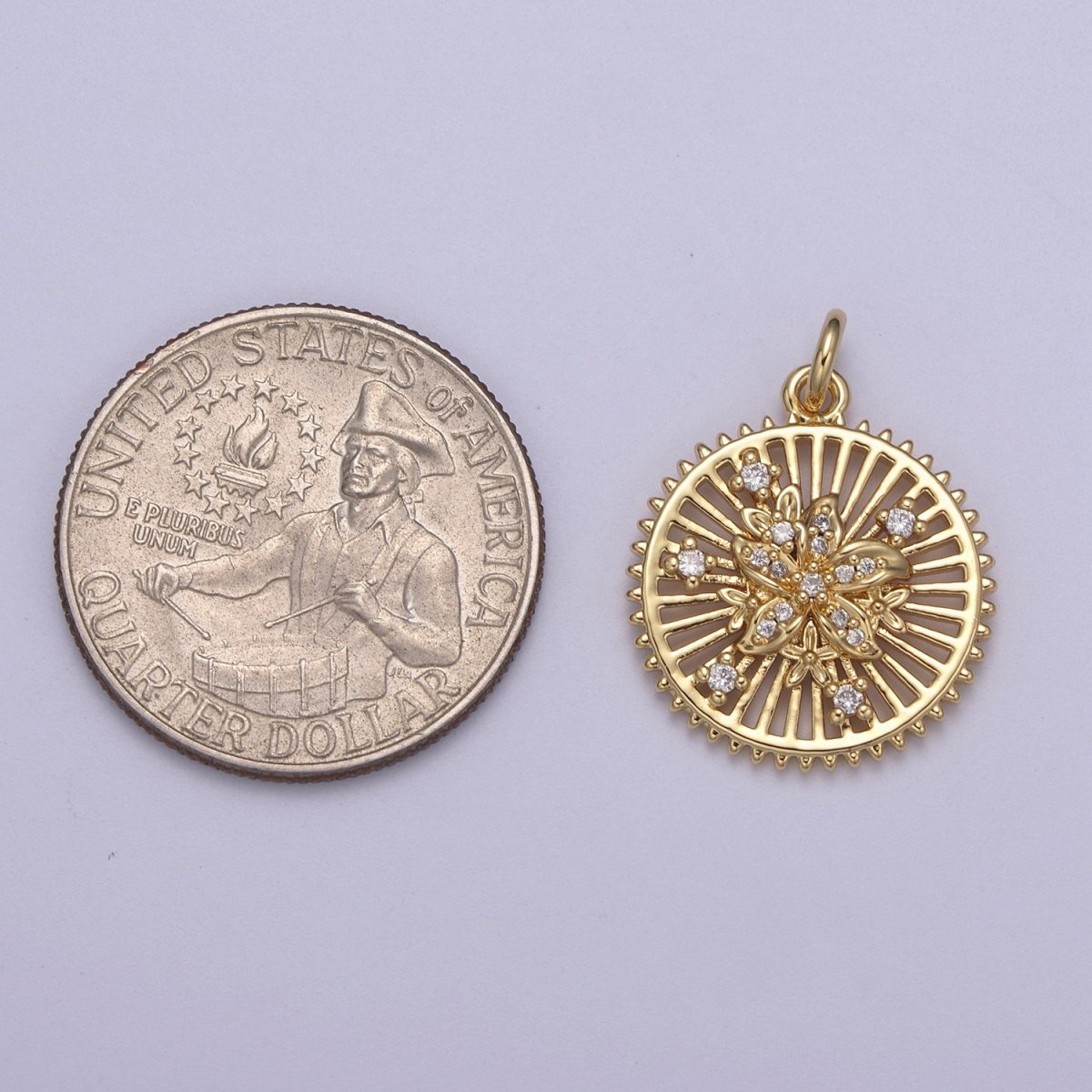 24K Gold plated Micro Paved Flower Bars Spiked Round Medallion Charm | N383 - DLUXCA