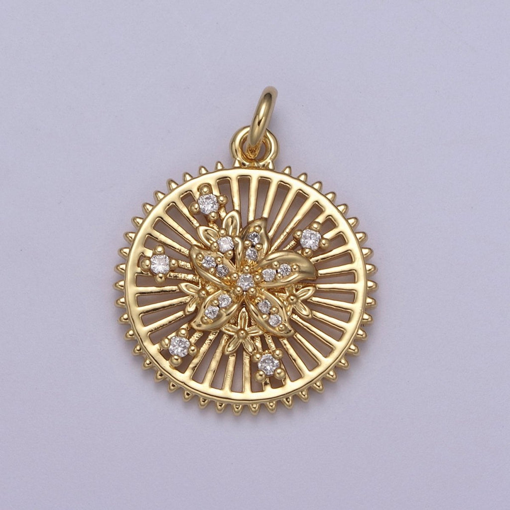 24K Gold plated Micro Paved Flower Bars Spiked Round Medallion Charm | N383 - DLUXCA