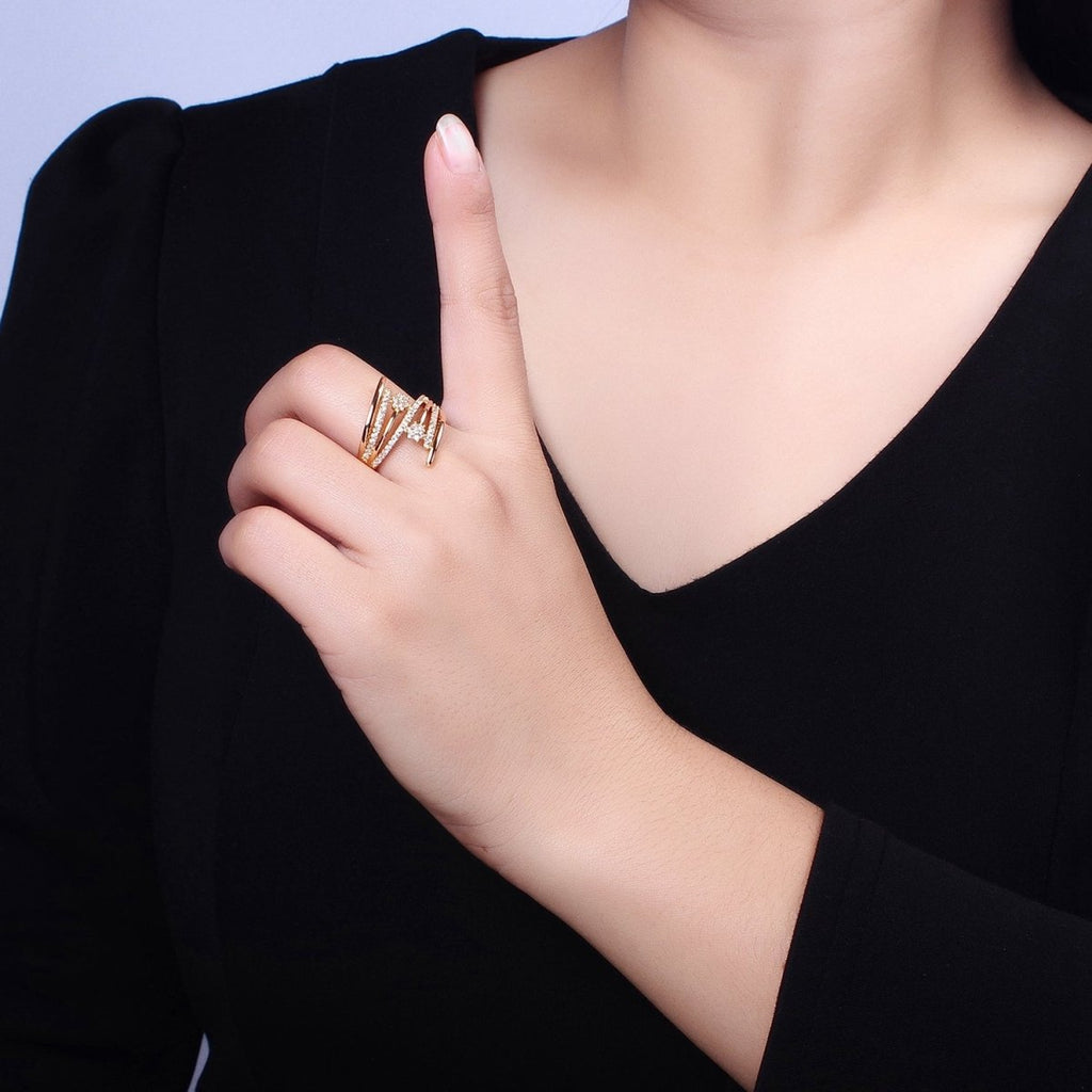24K Gold plated Micro Paved Flower CZ Multiple Band Statement Ring in Gold & Silver | O-1934 O-1935