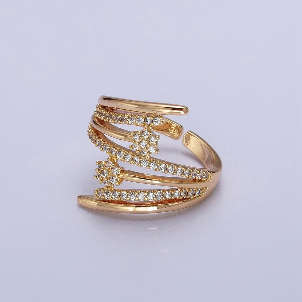 24K Gold plated Micro Paved Flower CZ Multiple Band Statement Ring in Gold & Silver | O-1934 O-1935