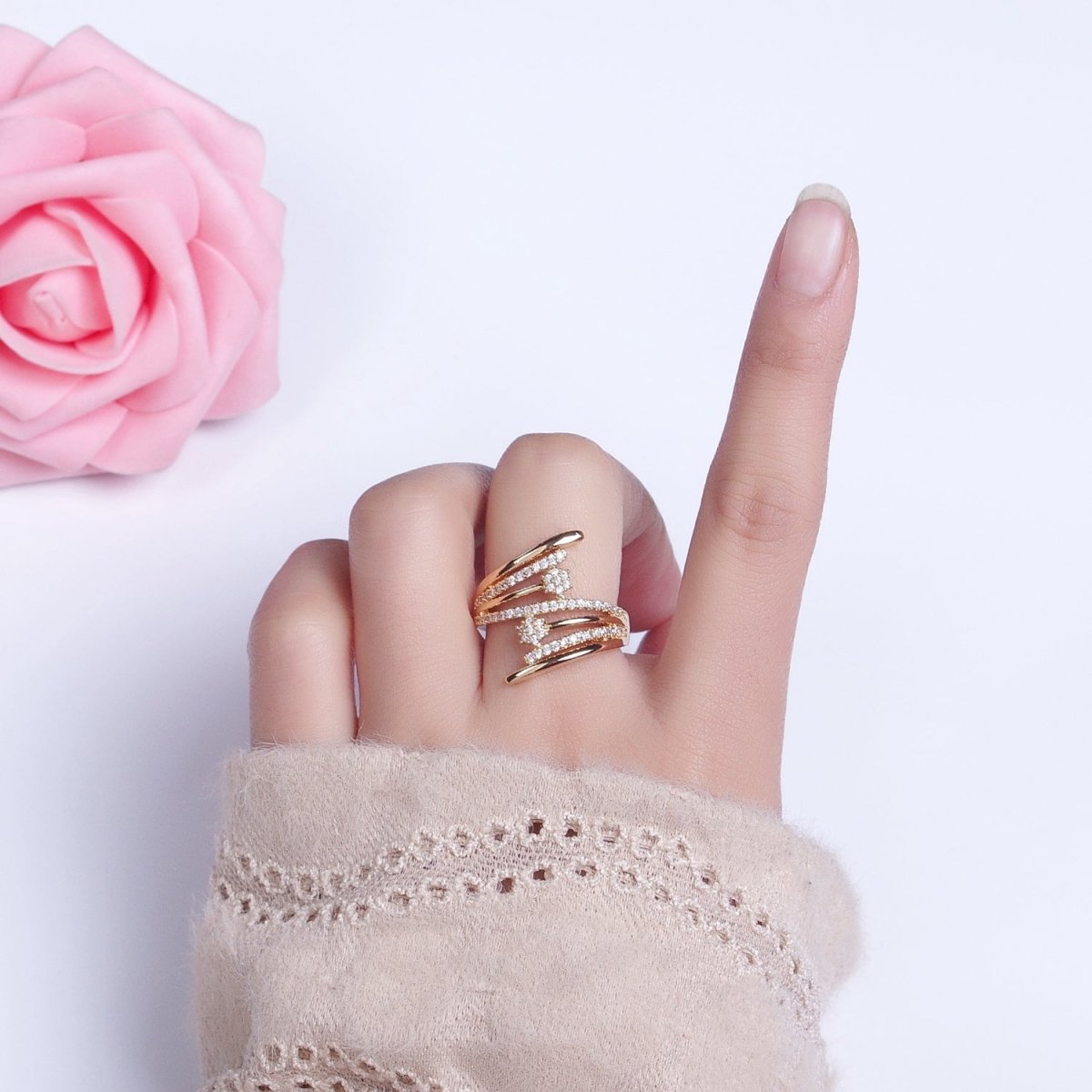 24K Gold plated Micro Paved Flower CZ Multiple Band Statement Ring in Gold & Silver | O-1934 O-1935