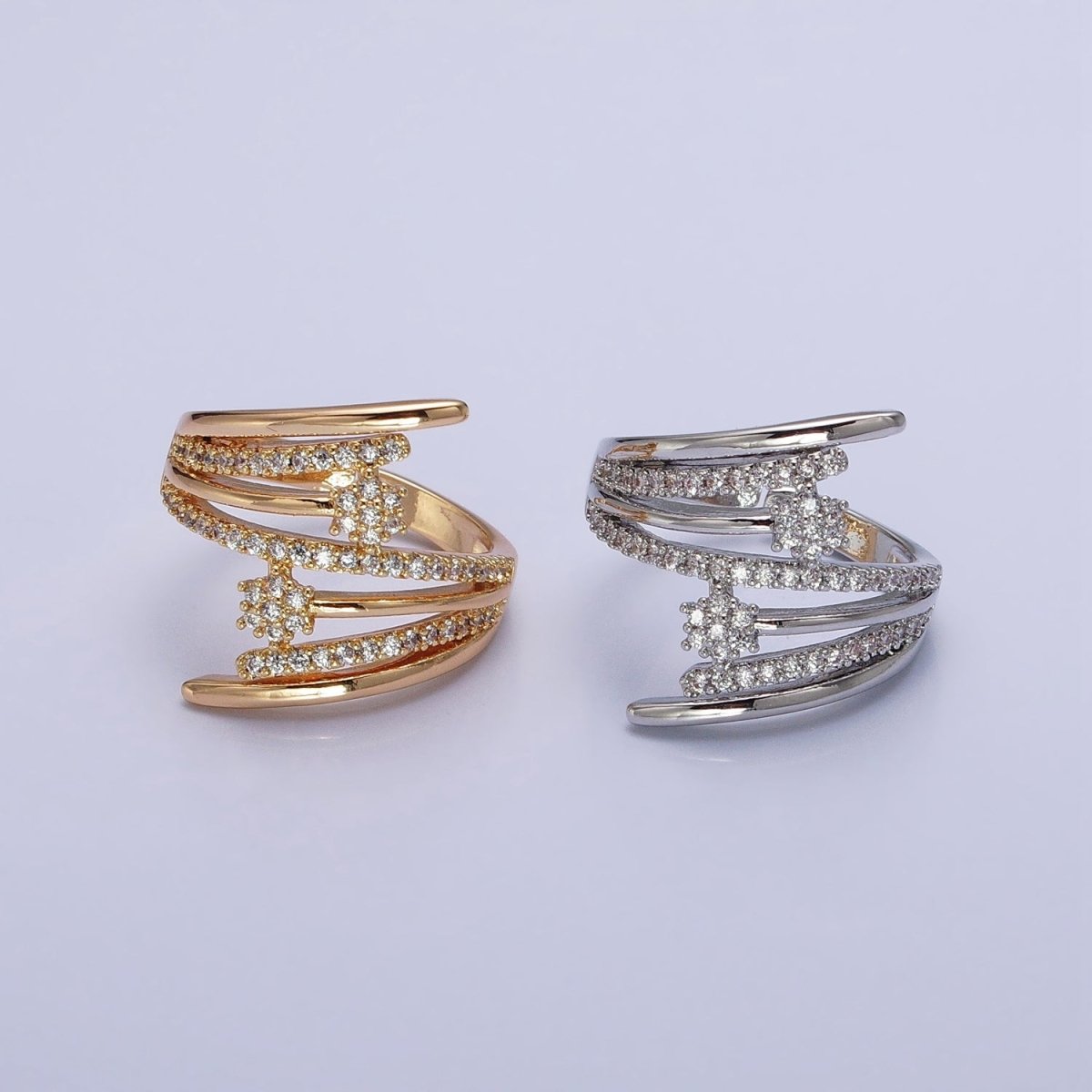24K Gold plated Micro Paved Flower CZ Multiple Band Statement Ring in Gold & Silver | O-1934 O-1935