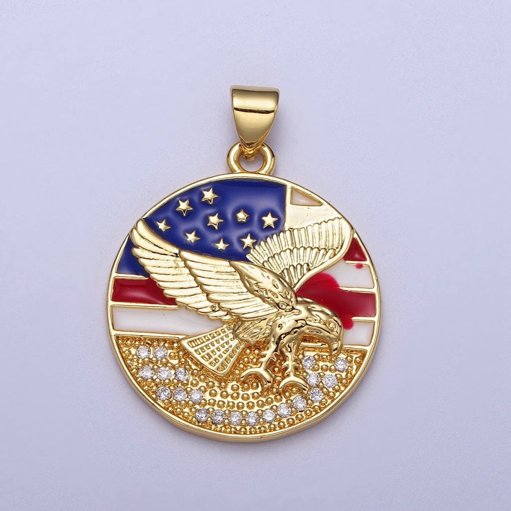 24K Gold plated Micro Paved Flying Eagle American Flag Enamel Round Pendant I-214 - DLUXCA