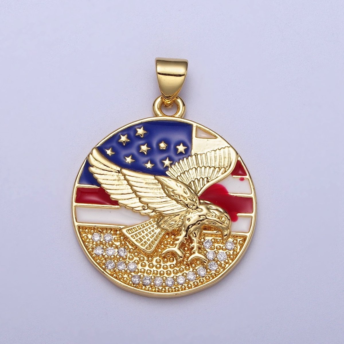 24K Gold plated Micro Paved Flying Eagle American Flag Enamel Round Pendant I-214 - DLUXCA