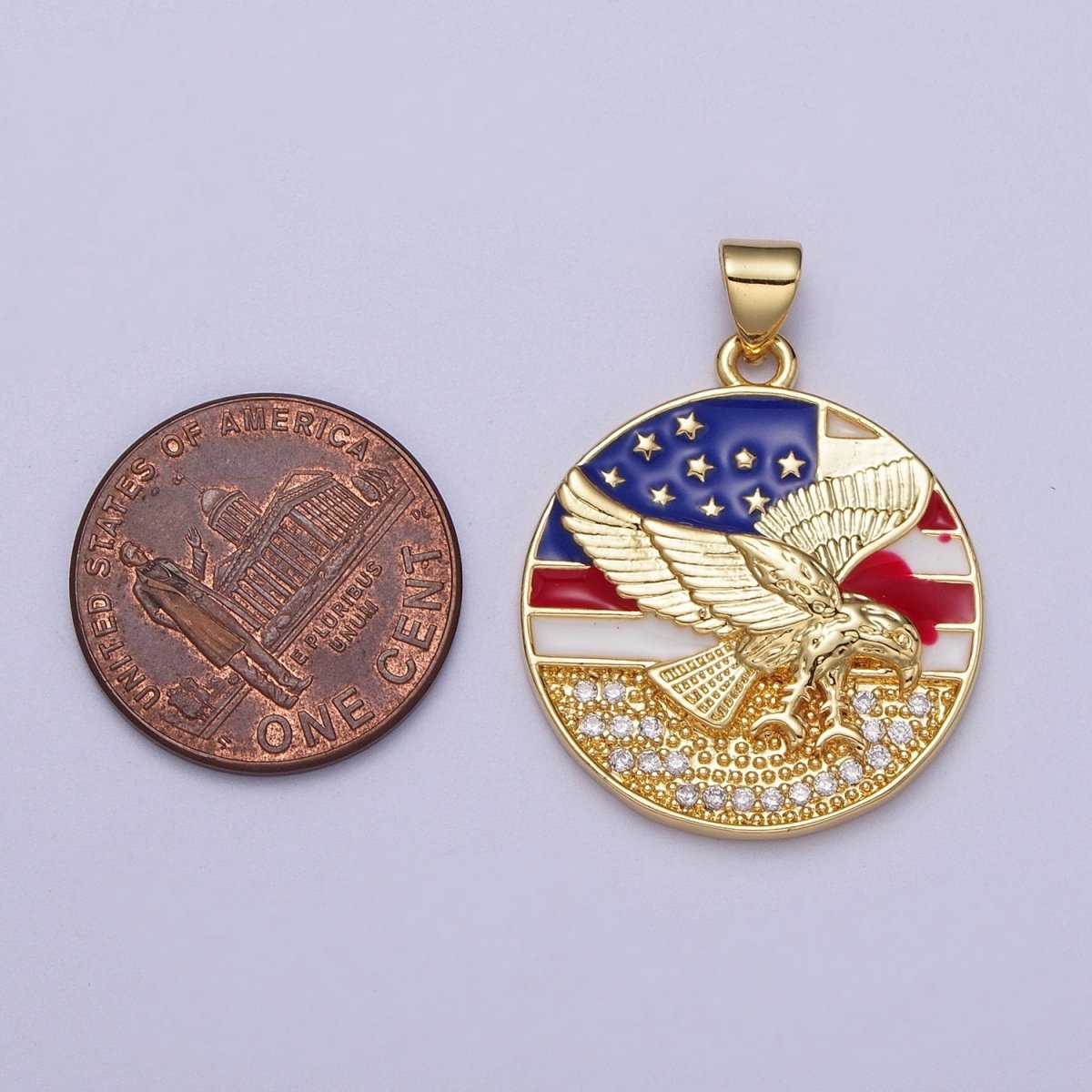 24K Gold plated Micro Paved Flying Eagle American Flag Enamel Round Pendant I-214 - DLUXCA