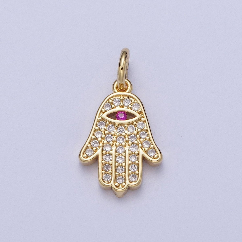 24K Gold plated Micro Paved Fuchsia CZ Hamsa Hand Evil Eye Charm | A-295 - DLUXCA