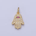 24K Gold plated Micro Paved Fuchsia CZ Hamsa Hand Evil Eye Charm | A-295 - DLUXCA