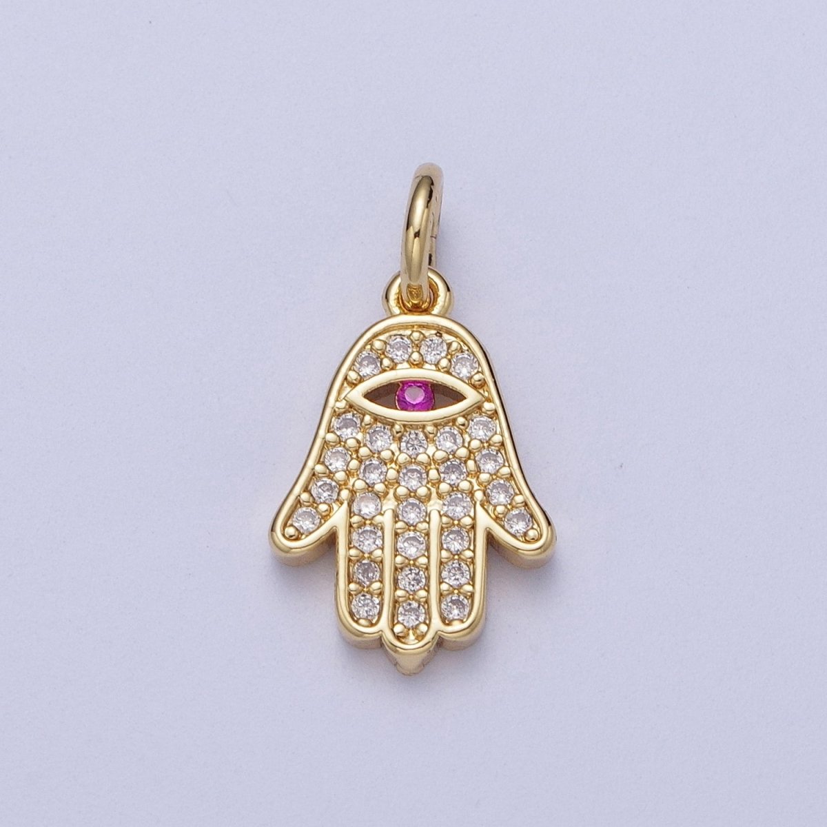 24K Gold plated Micro Paved Fuchsia CZ Hamsa Hand Evil Eye Charm | A-295 - DLUXCA