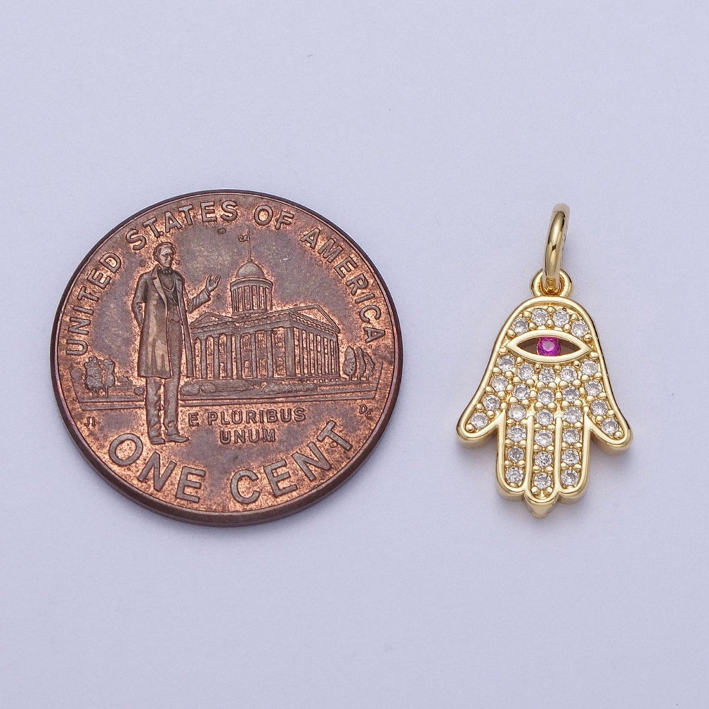 24K Gold plated Micro Paved Fuchsia CZ Hamsa Hand Evil Eye Charm | A-295 - DLUXCA