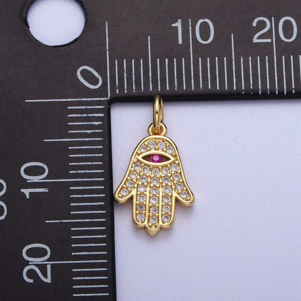 24K Gold plated Micro Paved Fuchsia CZ Hamsa Hand Evil Eye Charm | A-295 - DLUXCA