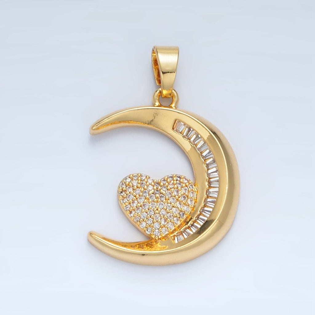 24K Gold plated Micro Paved Heart Baguette CZ Crescent Moon Celestial Pendant | AA871 - DLUXCA