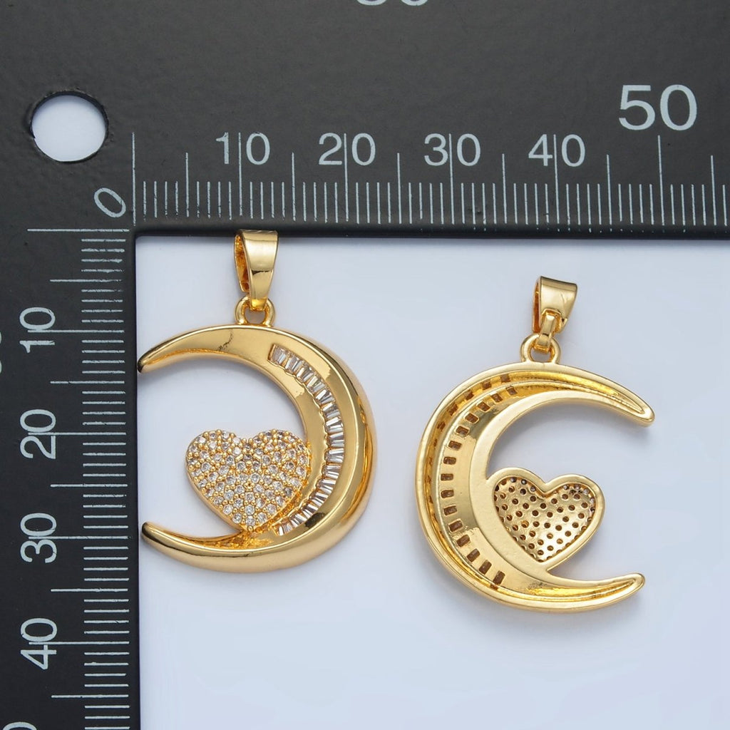 24K Gold plated Micro Paved Heart Baguette CZ Crescent Moon Celestial Pendant | AA871 - DLUXCA