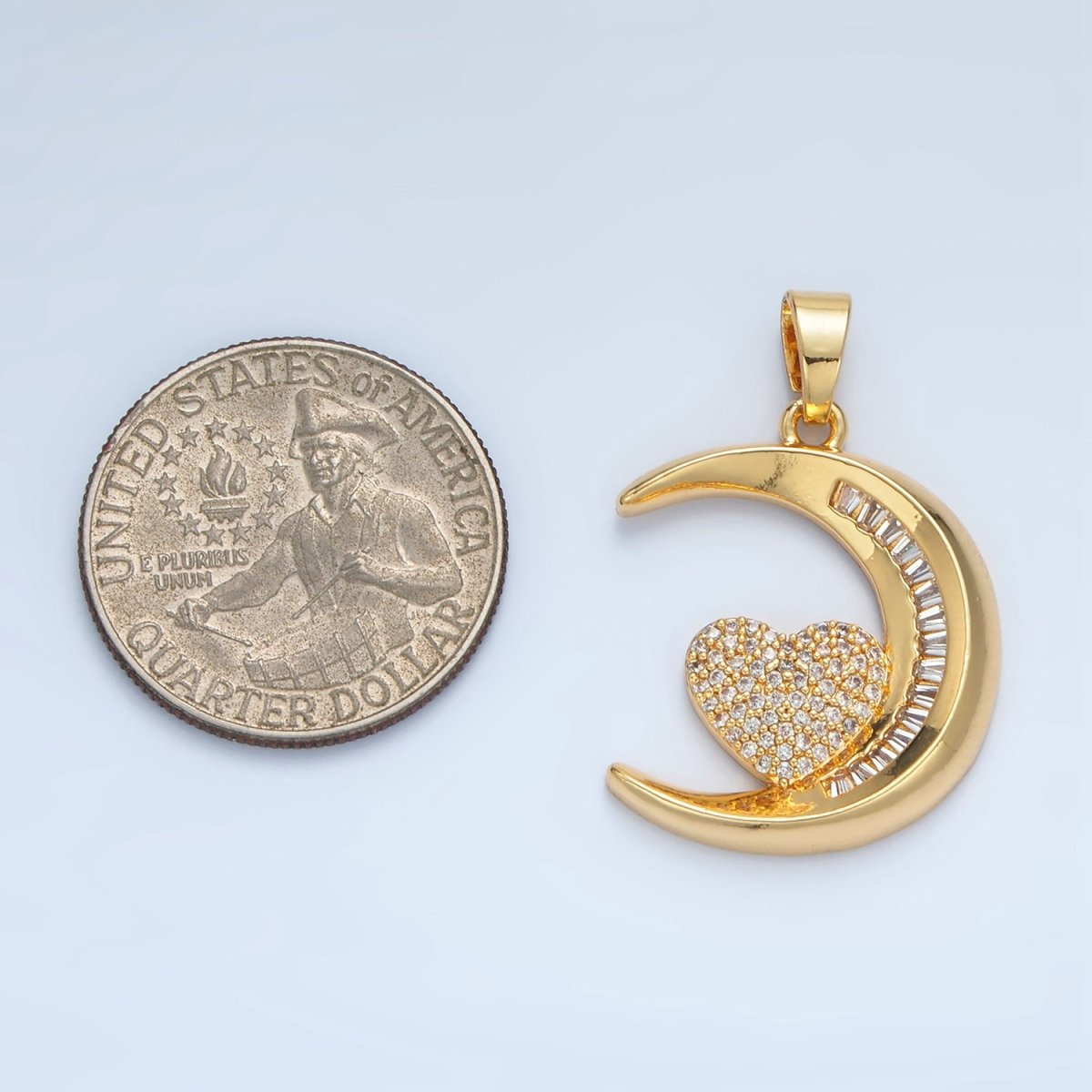 24K Gold plated Micro Paved Heart Baguette CZ Crescent Moon Celestial Pendant | AA871 - DLUXCA