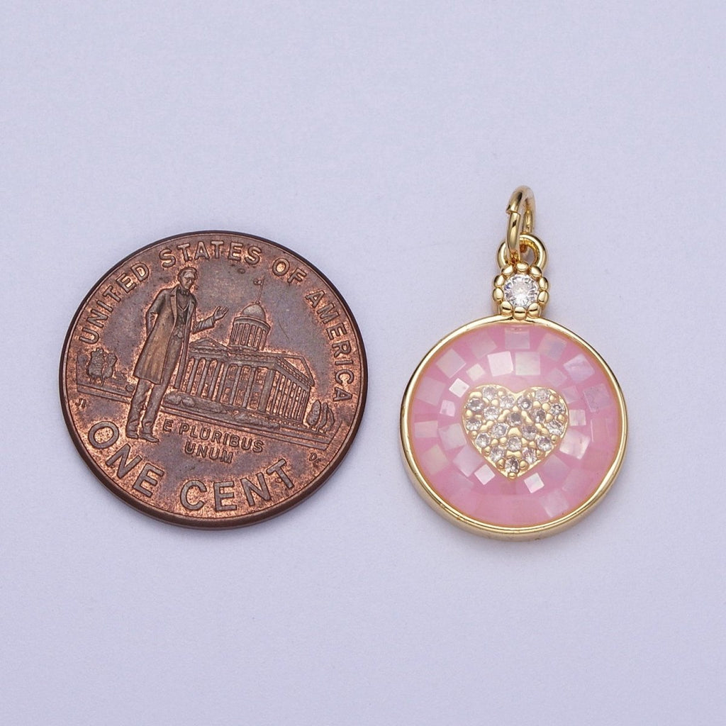 24K Gold plated Heart Micro Paved CZ Blue, White, Green Pink Opal Round Charm | C136 C138