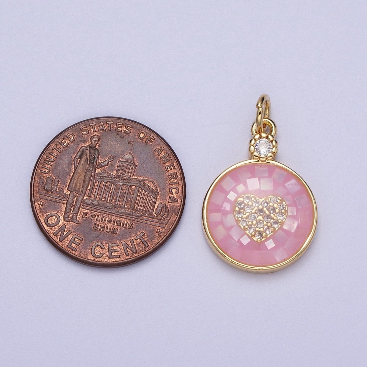 24K Gold plated Heart Micro Paved CZ Blue, White, Green Pink Opal Round Charm | C136 C138