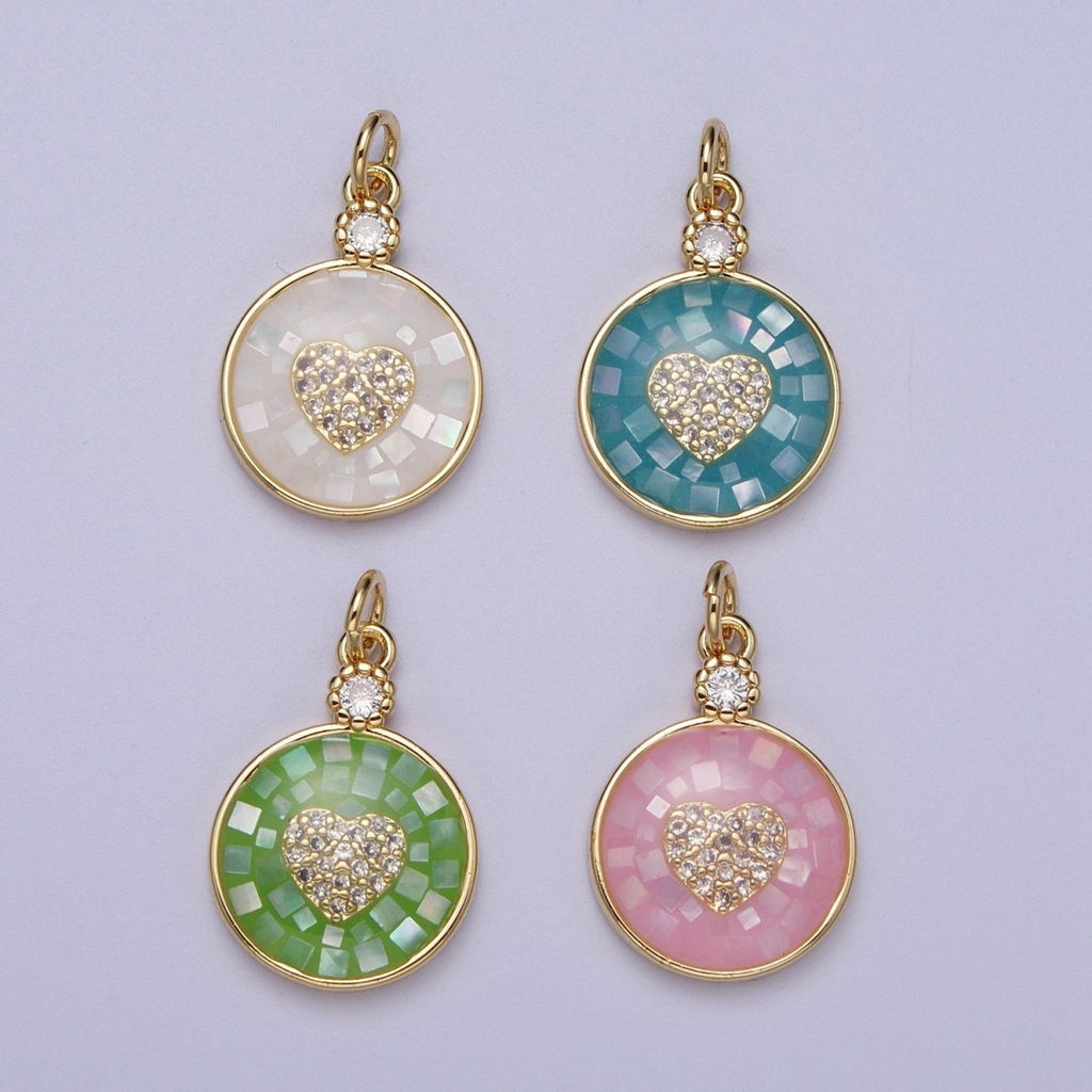 24K Gold plated Heart Micro Paved CZ Blue, White, Green Pink Opal Round Charm | C136 C138
