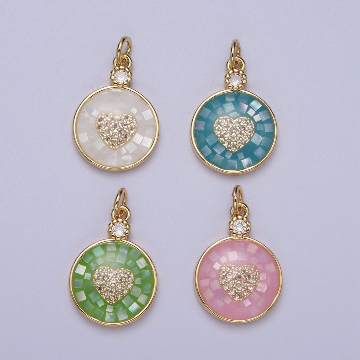 24K Gold plated Heart Micro Paved CZ Blue, White, Green Pink Opal Round Charm | C136 C138