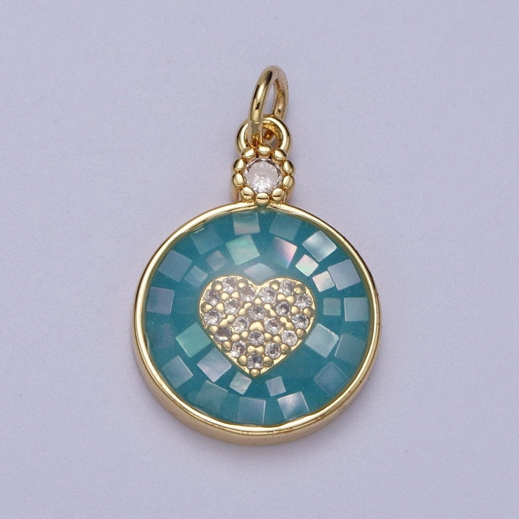 24K Gold plated Heart Micro Paved CZ Blue, White, Green Pink Opal Round Charm | C136 C138