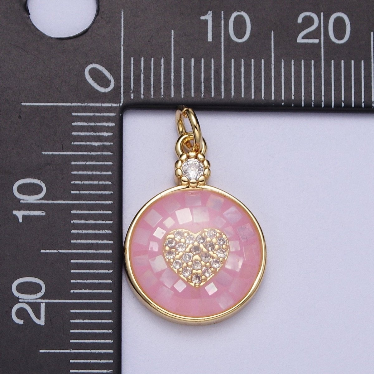 24K Gold plated Heart Micro Paved CZ Blue, White, Green Pink Opal Round Charm | C136 C138