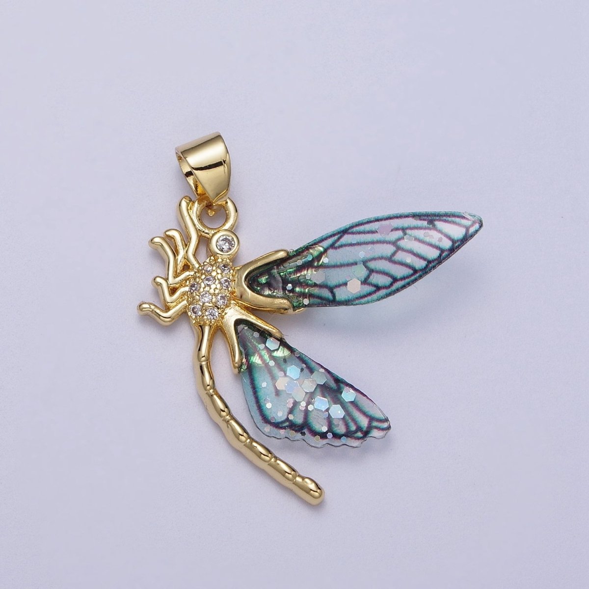 24K Gold plated Micro Paved Mosquito Blue, Fuchsia Fairy Wings Pendant  I-240 I-263