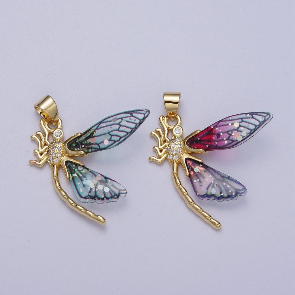 24K Gold plated Micro Paved Mosquito Blue, Fuchsia Fairy Wings Pendant  I-240 I-263