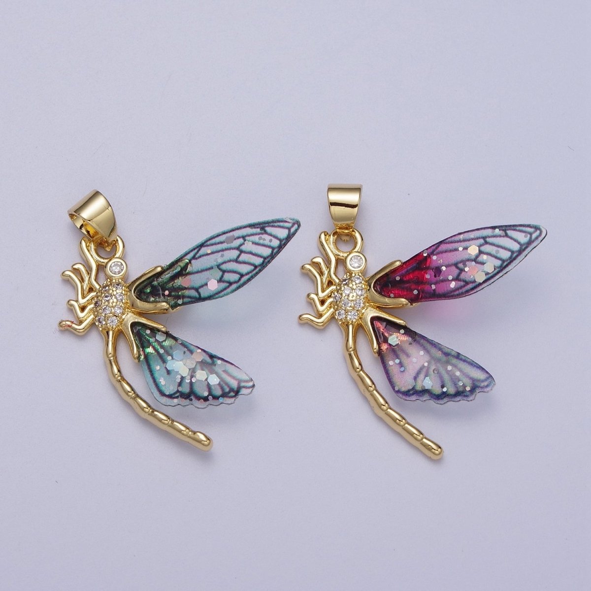 24K Gold plated Micro Paved Mosquito Blue, Fuchsia Fairy Wings Pendant  I-240 I-263