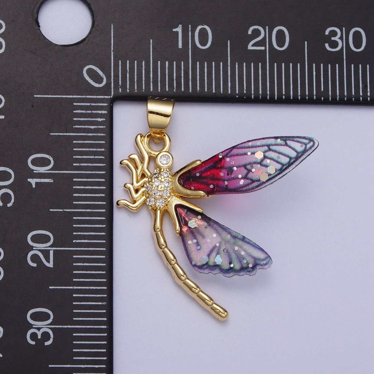 24K Gold plated Micro Paved Mosquito Blue, Fuchsia Fairy Wings Pendant  I-240 I-263