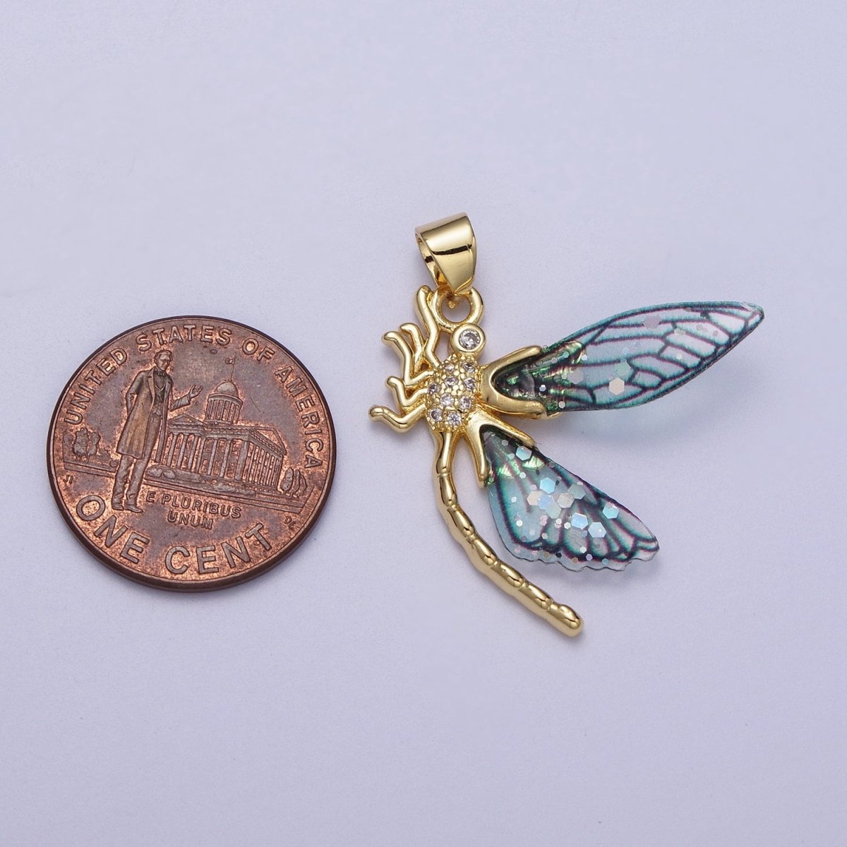 24K Gold plated Micro Paved Mosquito Blue, Fuchsia Fairy Wings Pendant  I-240 I-263