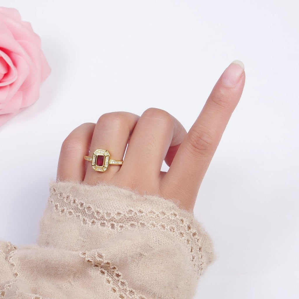24K Gold plated Micro Paved Octagonal Adjustable Ring with Fuchsia Baguette Cubic Zirconia | X-562 - DLUXCA