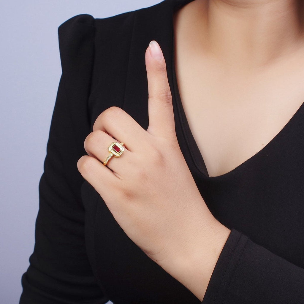 24K Gold plated Micro Paved Octagonal Adjustable Ring with Fuchsia Baguette Cubic Zirconia | X-562 - DLUXCA