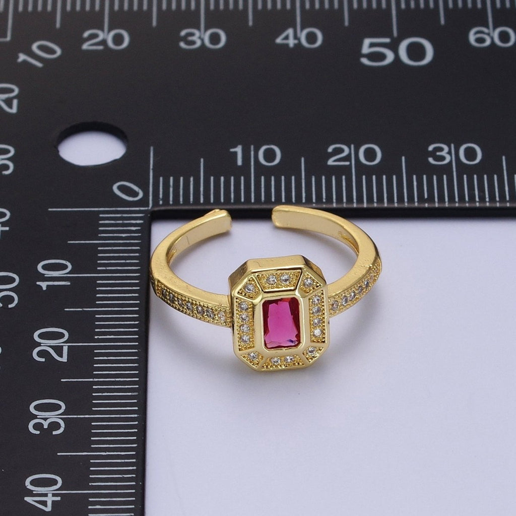 24K Gold plated Micro Paved Octagonal Adjustable Ring with Fuchsia Baguette Cubic Zirconia | X-562 - DLUXCA