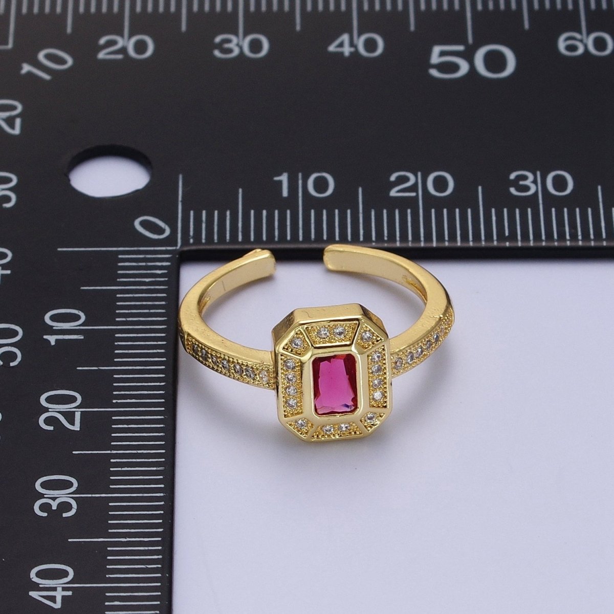 24K Gold plated Micro Paved Octagonal Adjustable Ring with Fuchsia Baguette Cubic Zirconia | X-562 - DLUXCA