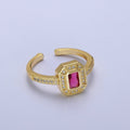 24K Gold plated Micro Paved Octagonal Adjustable Ring with Fuchsia Baguette Cubic Zirconia | X-562 - DLUXCA