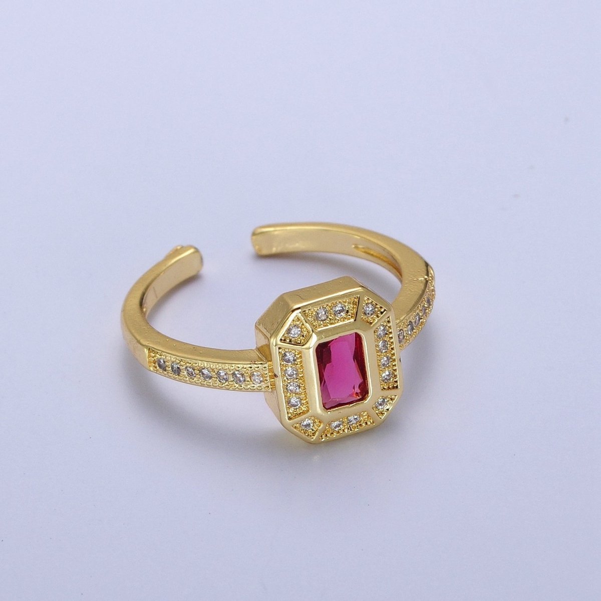 24K Gold plated Micro Paved Octagonal Adjustable Ring with Fuchsia Baguette Cubic Zirconia | X-562 - DLUXCA