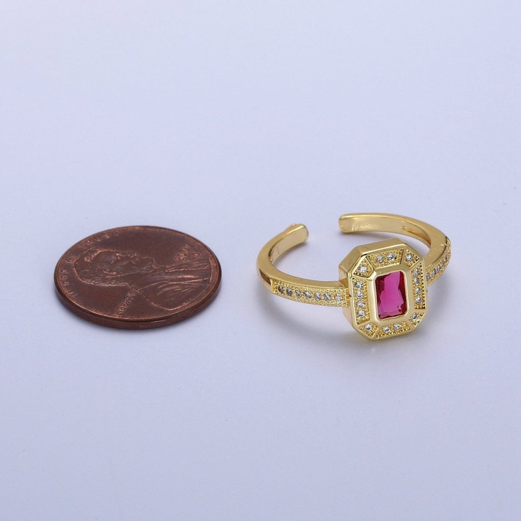 24K Gold plated Micro Paved Octagonal Adjustable Ring with Fuchsia Baguette Cubic Zirconia | X-562 - DLUXCA