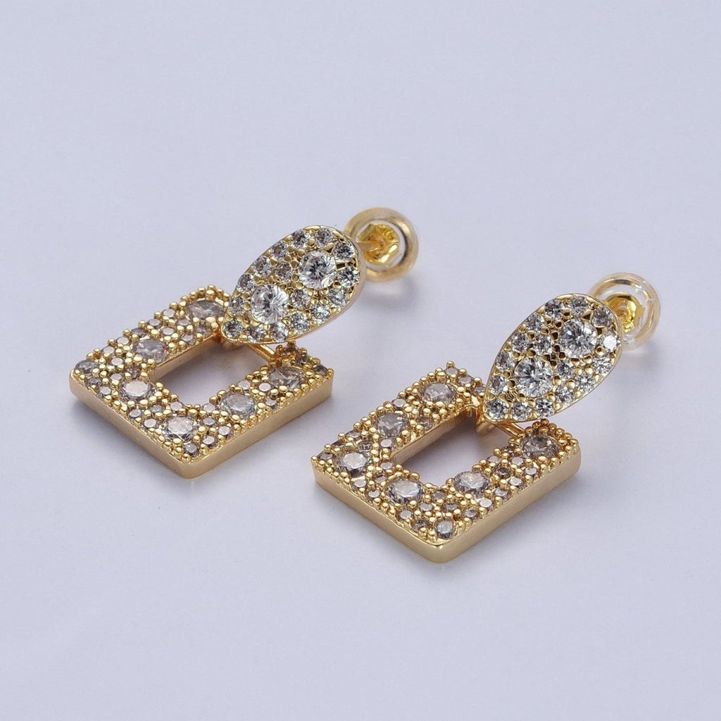 24K Gold plated Micro Paved Open Rectangular Dangle Drop Teardrop Stud Earrings | X-864 - DLUXCA