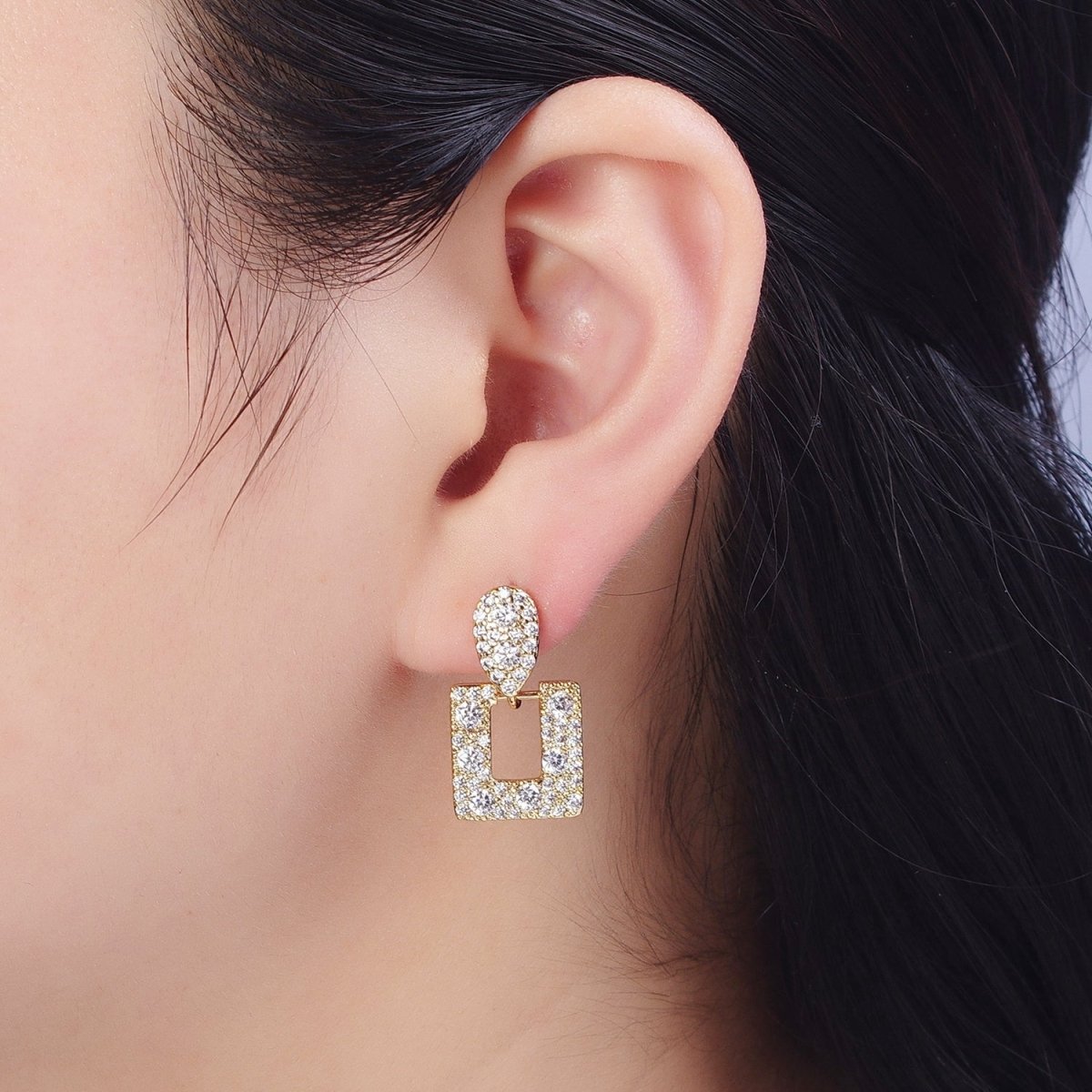 24K Gold plated Micro Paved Open Rectangular Dangle Drop Teardrop Stud Earrings | X-864 - DLUXCA