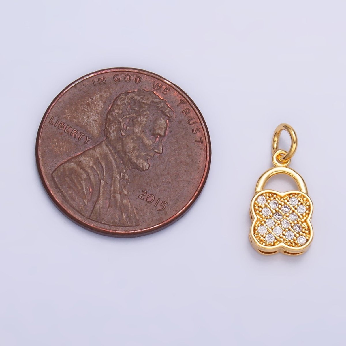 24K Gold plated Micro Paved Quatrefoil Padlock Charm in Gold & Silver | W870 - DLUXCA