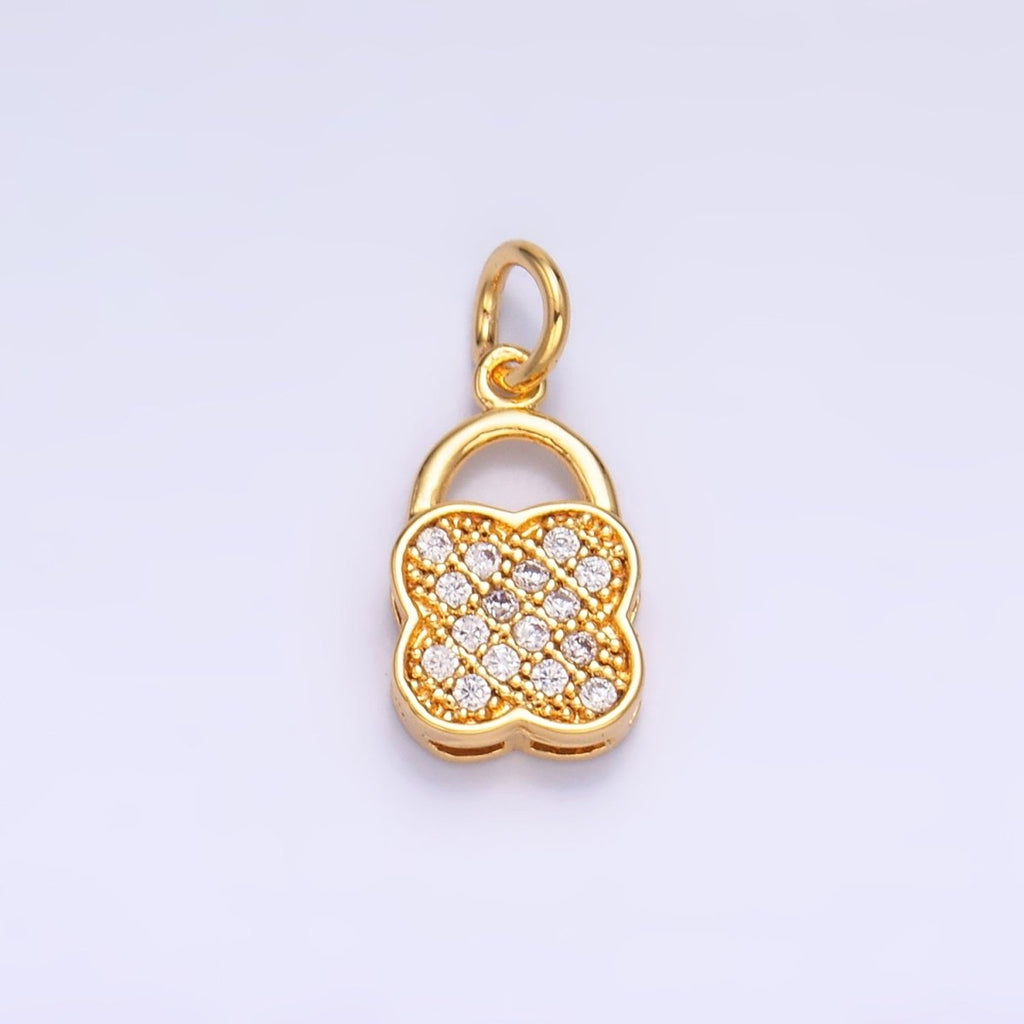 24K Gold plated Micro Paved Quatrefoil Padlock Charm in Gold & Silver | W870 - DLUXCA