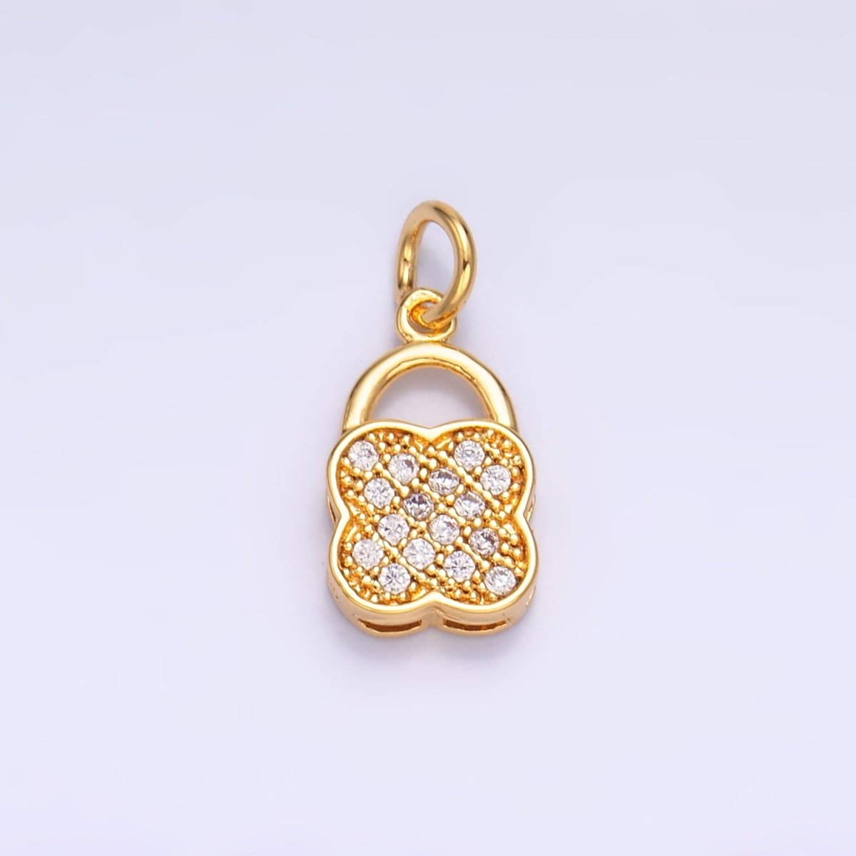 24K Gold plated Micro Paved Quatrefoil Padlock Charm in Gold & Silver | W870 - DLUXCA