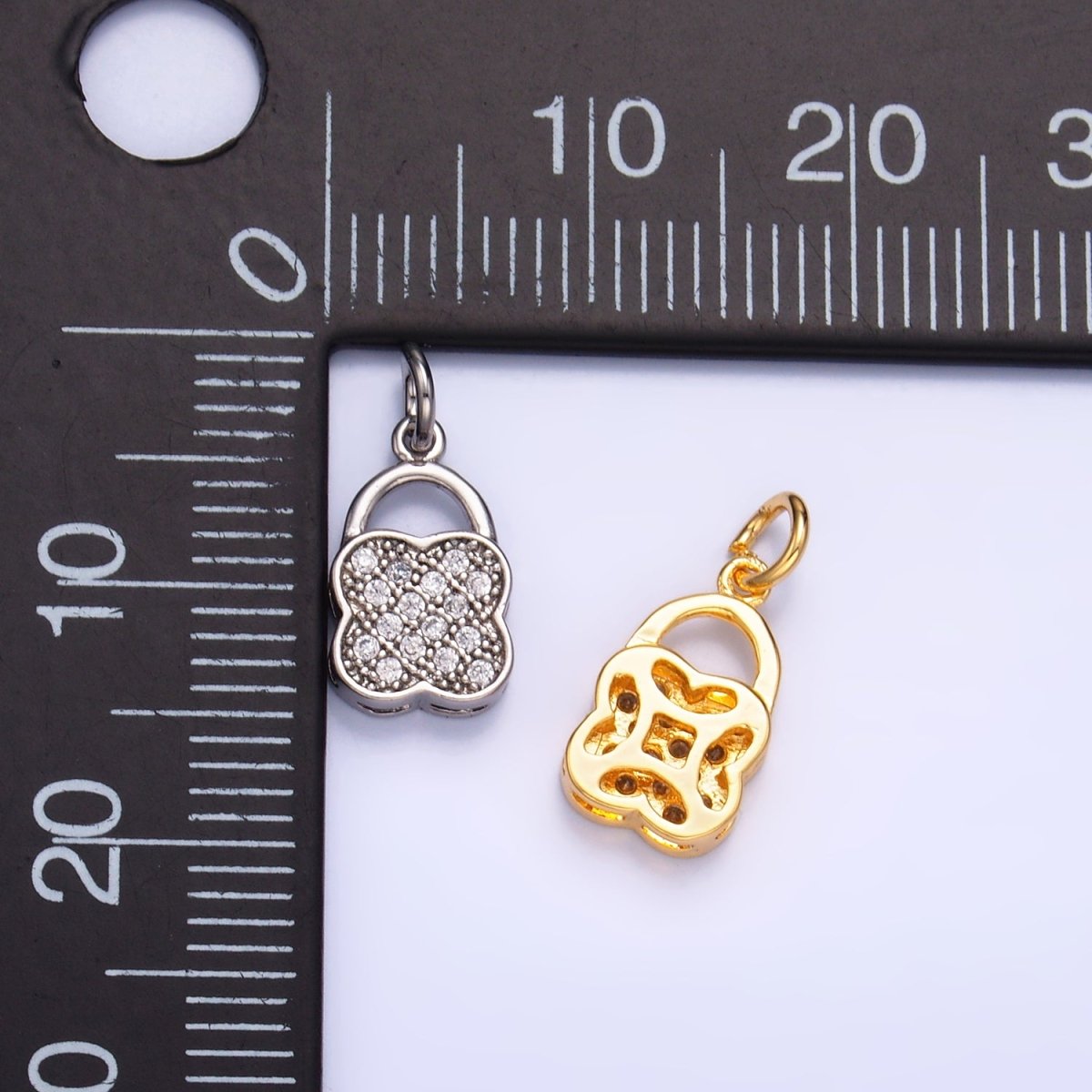 24K Gold plated Micro Paved Quatrefoil Padlock Charm in Gold & Silver | W870 - DLUXCA