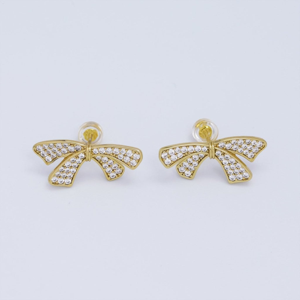 24K Gold plated Micro Paved Ribbon Bow Stud Earrings | T063 - DLUXCA