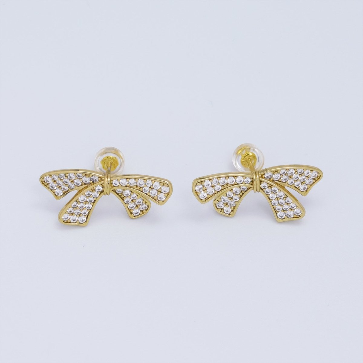 24K Gold plated Micro Paved Ribbon Bow Stud Earrings | T063 - DLUXCA