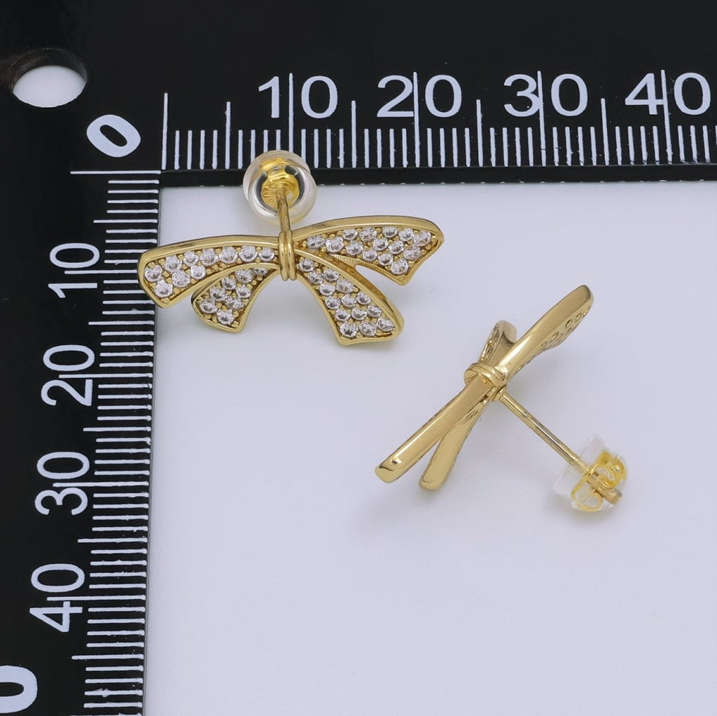 24K Gold plated Micro Paved Ribbon Bow Stud Earrings | T063 - DLUXCA