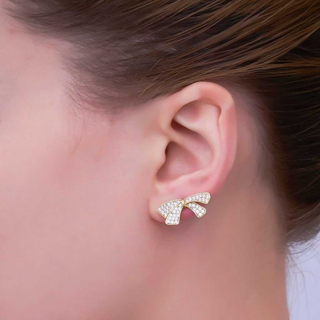 24K Gold plated Micro Paved Ribbon Bow Stud Earrings | T063 - DLUXCA
