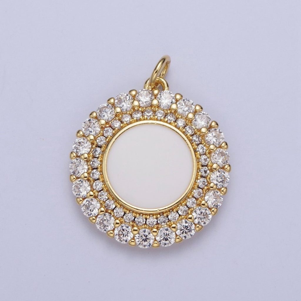 24K Gold plated Micro Paved Round Lining Round White Enamel Coin Charm | M-495 - DLUXCA