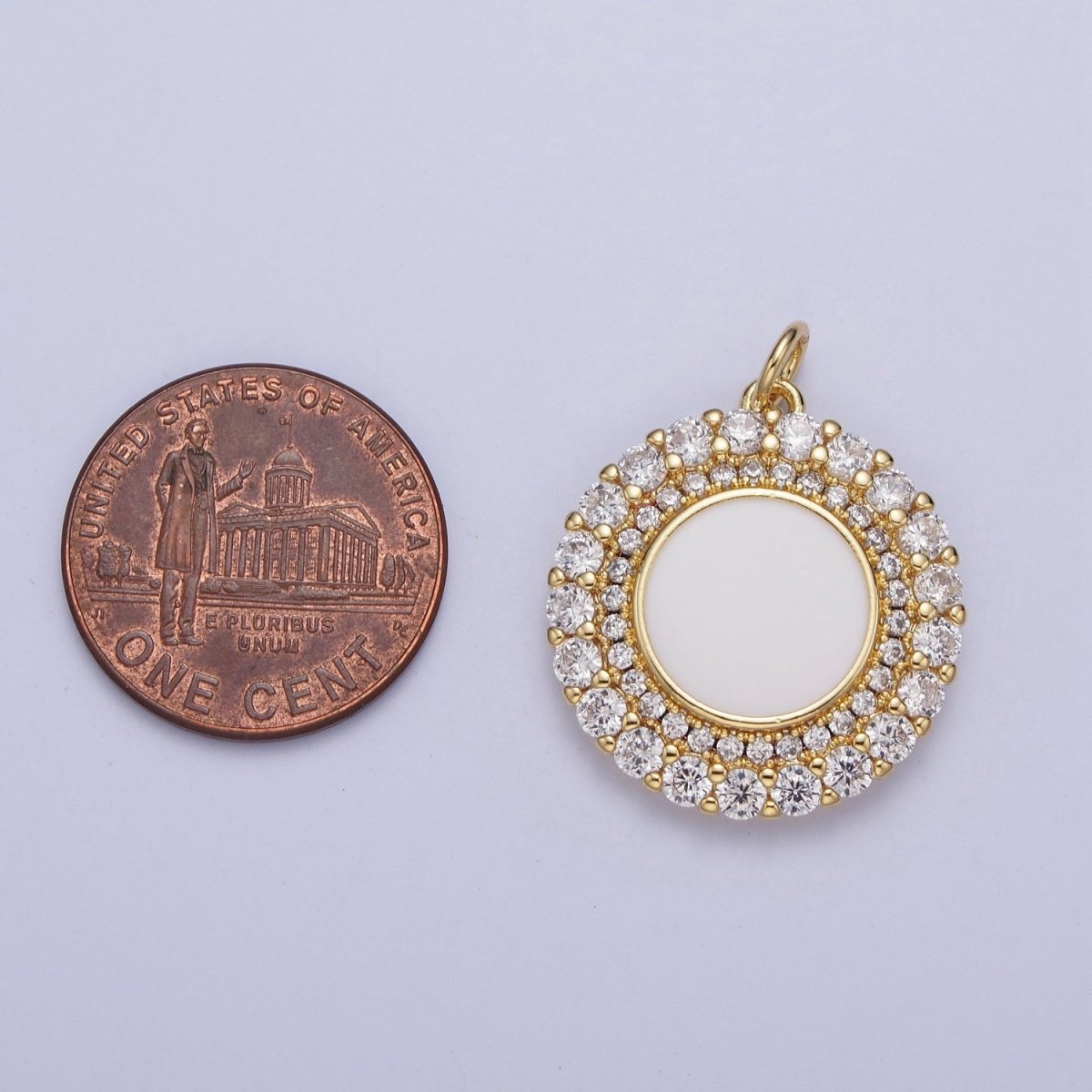 24K Gold plated Micro Paved Round Lining Round White Enamel Coin Charm | M-495 - DLUXCA